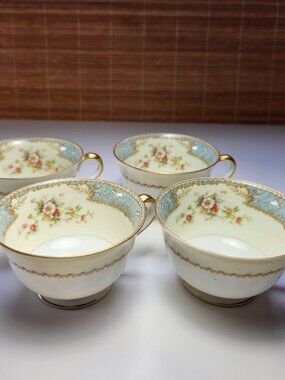 Noritake Blue Dawn Set of 4 Teacups Vintage Japan Porcelain Floral Gold Trim
